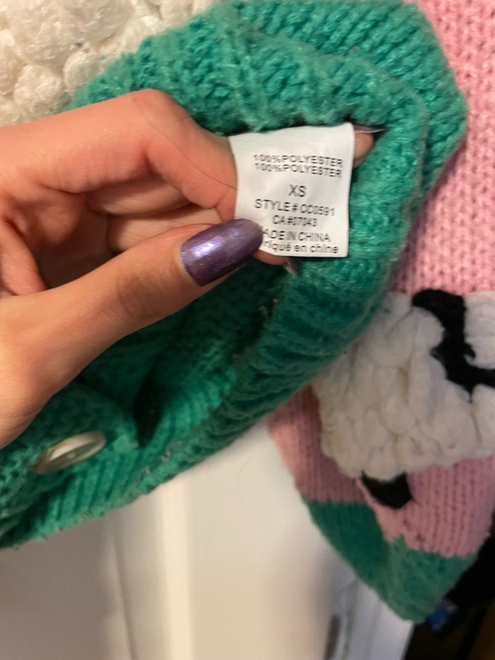 Adorable Pink Sheep Knit Cardigan with Green Hem - Women's Sweater 🌸 - Picture 4 of 5